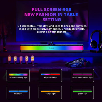 Philips spa6109 gaming full-screen rgb noise reduction soundbar with sleek black finish and vibrant multi-colored lighting
