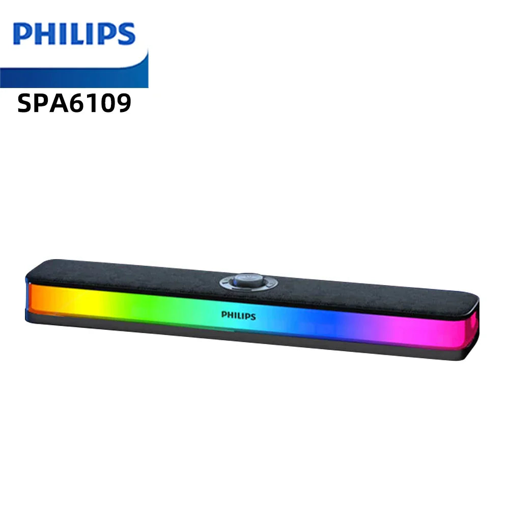 Philips SPA6109 gaming soundbar with sleek black exterior and vibrant RGB noise reduction lighting for versatile speaker use