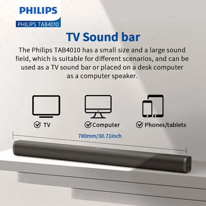 Black philips tab4010 sound bar with virtual surround 2.0 stereo sound for theater tv speakers and home audio use