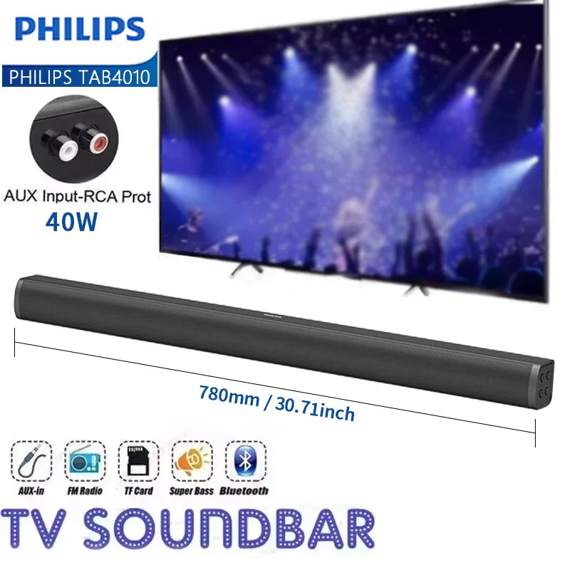 Black philips tab4010 sound bar with 40w power and bluetooth connectivity for theater tv speakers with virtual surround sound