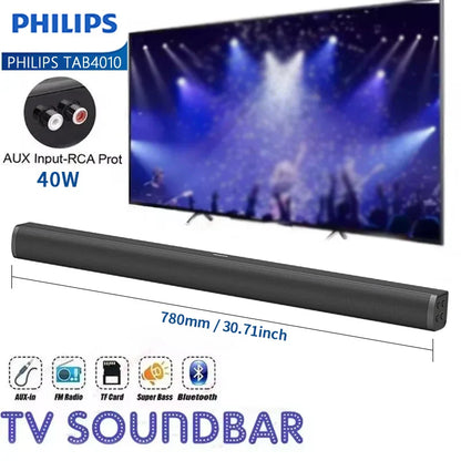 Black philips tab4010 sound bar with 40w power and bluetooth connectivity for theater tv speakers with virtual surround sound
