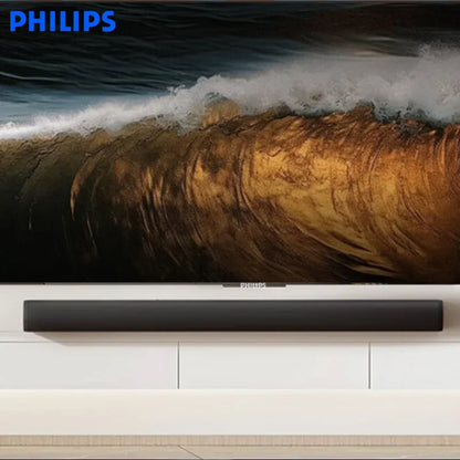 Black philips tab4010 sound bar with virtual surround 2.0 stereo sound positioned below tv for theater tv speakers setup