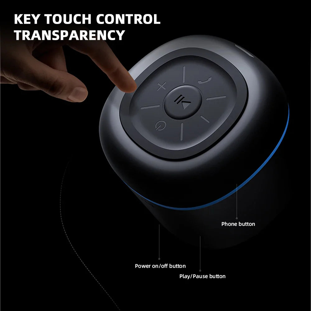 Black cylindrical Philips TAS1009 bluetooth speaker with touch controls, blue accent ring, and RGB subwoofer for outdoor use