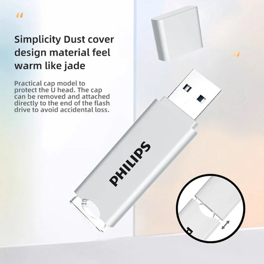 White Philips USB flash drive 2.0 with 64GB storage expansion and jade-like dust cover for photos videos music files