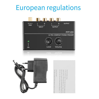 Black pp500 ultra-compact phono preamp with gold rca jacks, rotary level and volume control, and trs output interfaces
