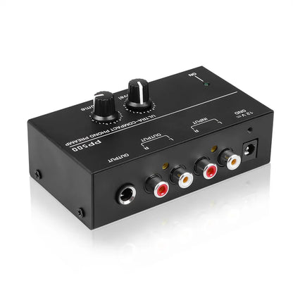 Black rectangular pp500 ultra-compact phono preamp with volume control rca inputs and trs output interfaces for vinyl turntables