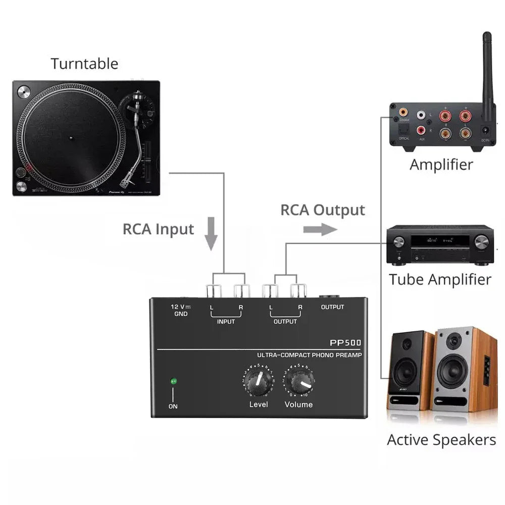 Black ultra-compact phono preamp pp500 with level and volume control rca input output and trs output interfaces for vinyl turntable