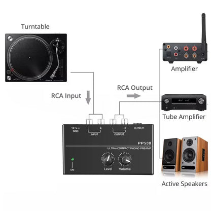 Black ultra-compact phono preamp pp500 with level and volume control rca input output and trs output interfaces for vinyl turntable