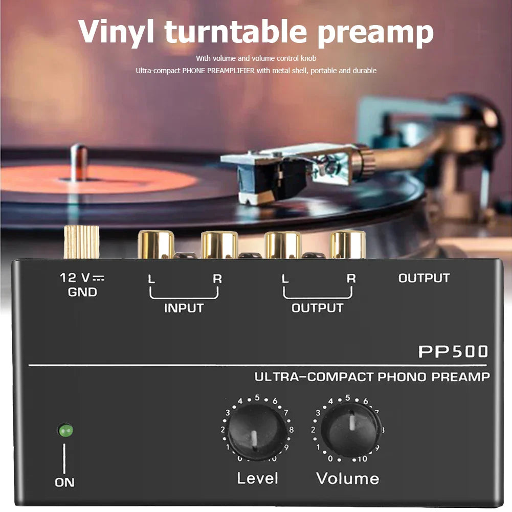 Black ultra-compact phono preamp with gold-plated rca input output and trs output interfaces for level volume control