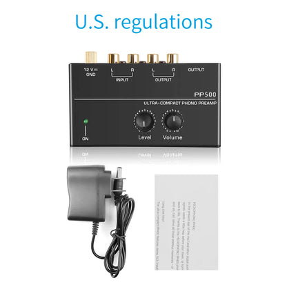 Black pp500 ultra-compact phono preamp with gold rca connectors volume control rca and trs output interfaces for vinyl