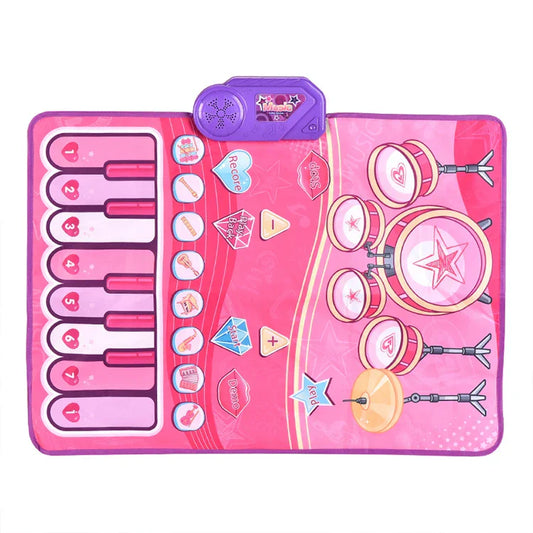 Pink piano drum play mat with keyboard drum design and purple control unit for sensory learning toys