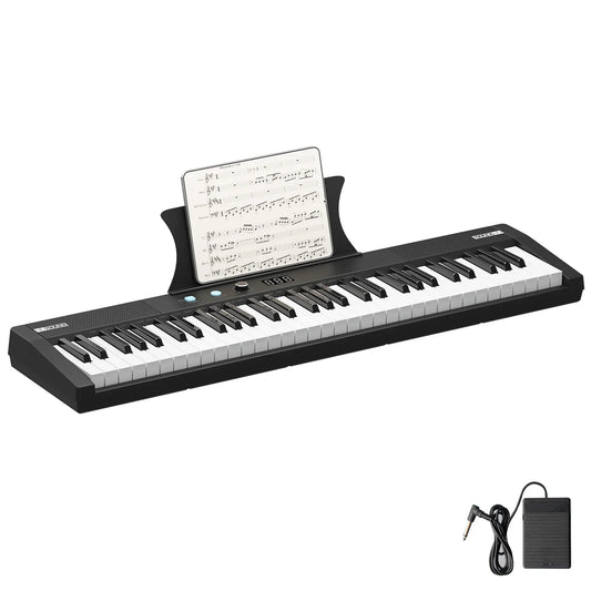 Black 61 key electronic piano keyboard with built-in music stand holding sheet paper includes stand piano bench headphones charger