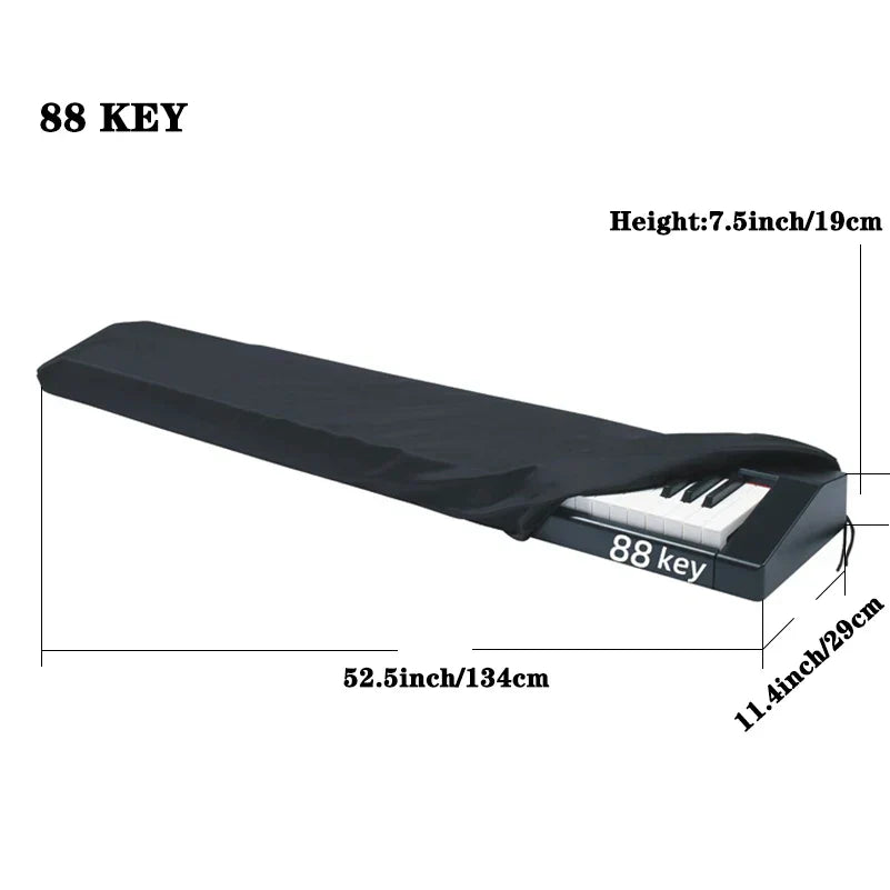 Black fabric piano keyboard cover for 88 keys with drawstring lock for digital electric pianos music keyboard protector
