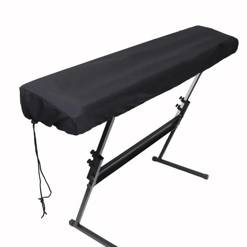 Black fabric piano keyboard cover with drawstring closure for digital electric pianos and music keyboard protector