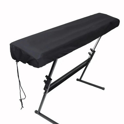 Black fabric piano keyboard cover with drawstring closure for digital electric pianos and music keyboard protector