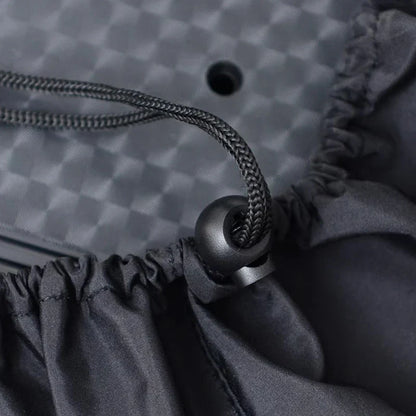 Dark gray braided drawstring with metallic silver toggle on piano keyboard cover for digital electric pianos protector