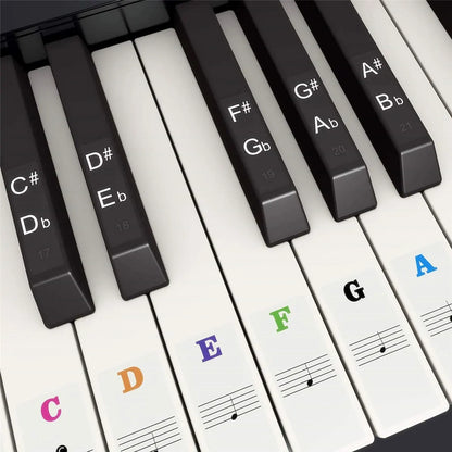 Colorful piano keyboard stickers with musical notes and letter names for electronic piano keyboard and note identification