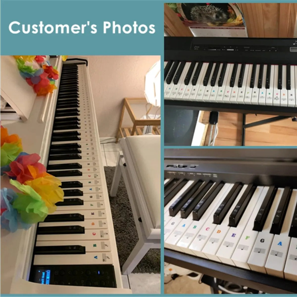 Black and white electronic piano keyboard with colorful piano keyboard stickers and keyboard note stickers on keys
