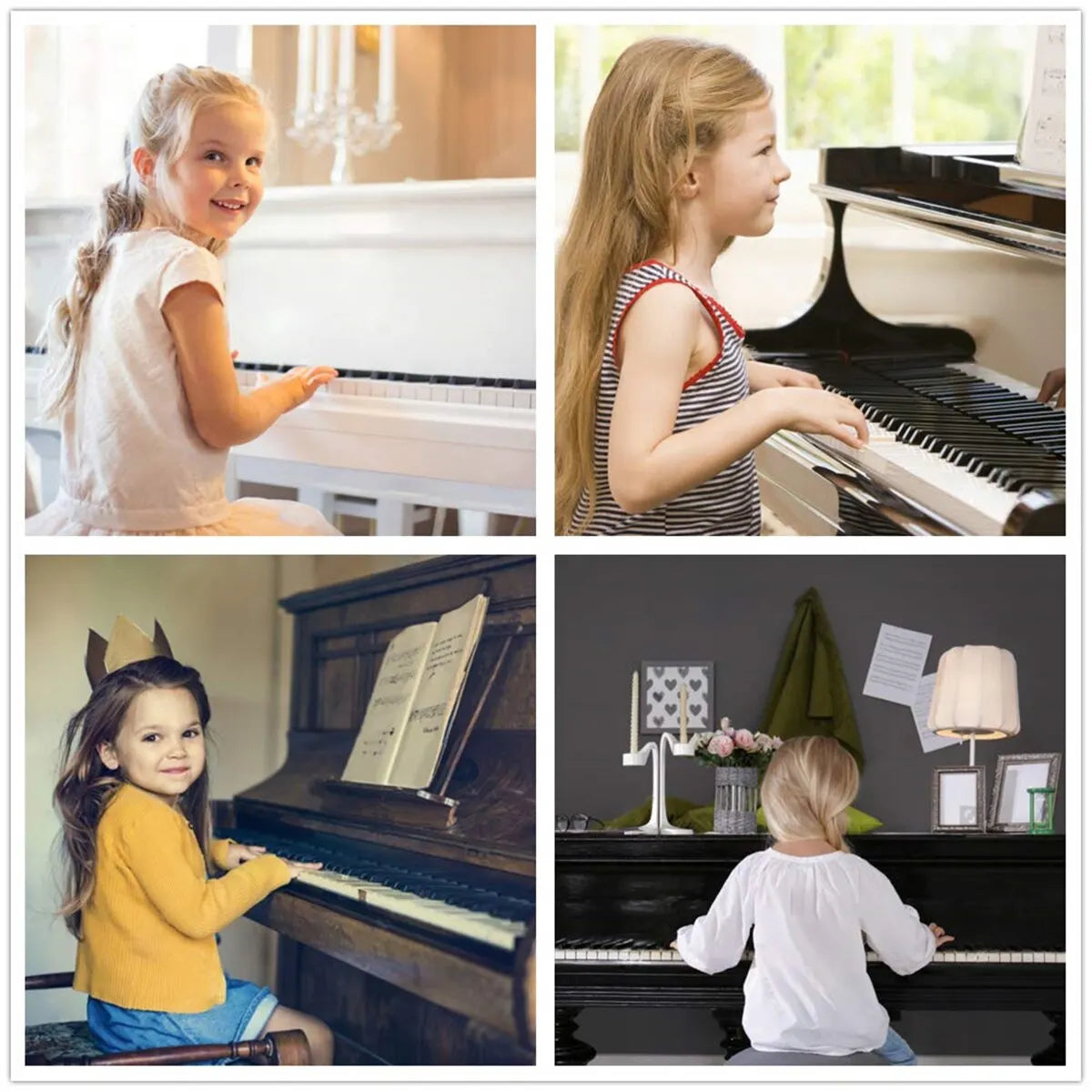 Black grand piano with polished finish featuring piano keyboard stickers for electronic piano keyboard note identification