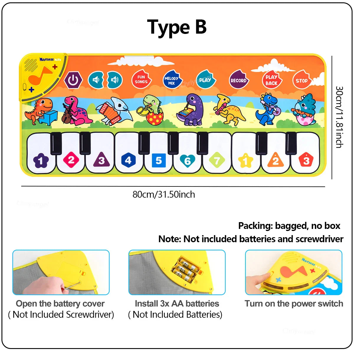 Colorful rectangular piano mat with numbered keys and cartoon dinosaurs for baby fitness play and keyboard dance mat use