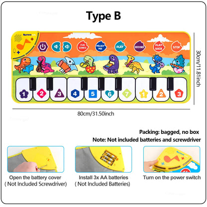 Colorful rectangular piano mat with numbered keys and cartoon dinosaurs for baby fitness play and keyboard dance mat use
