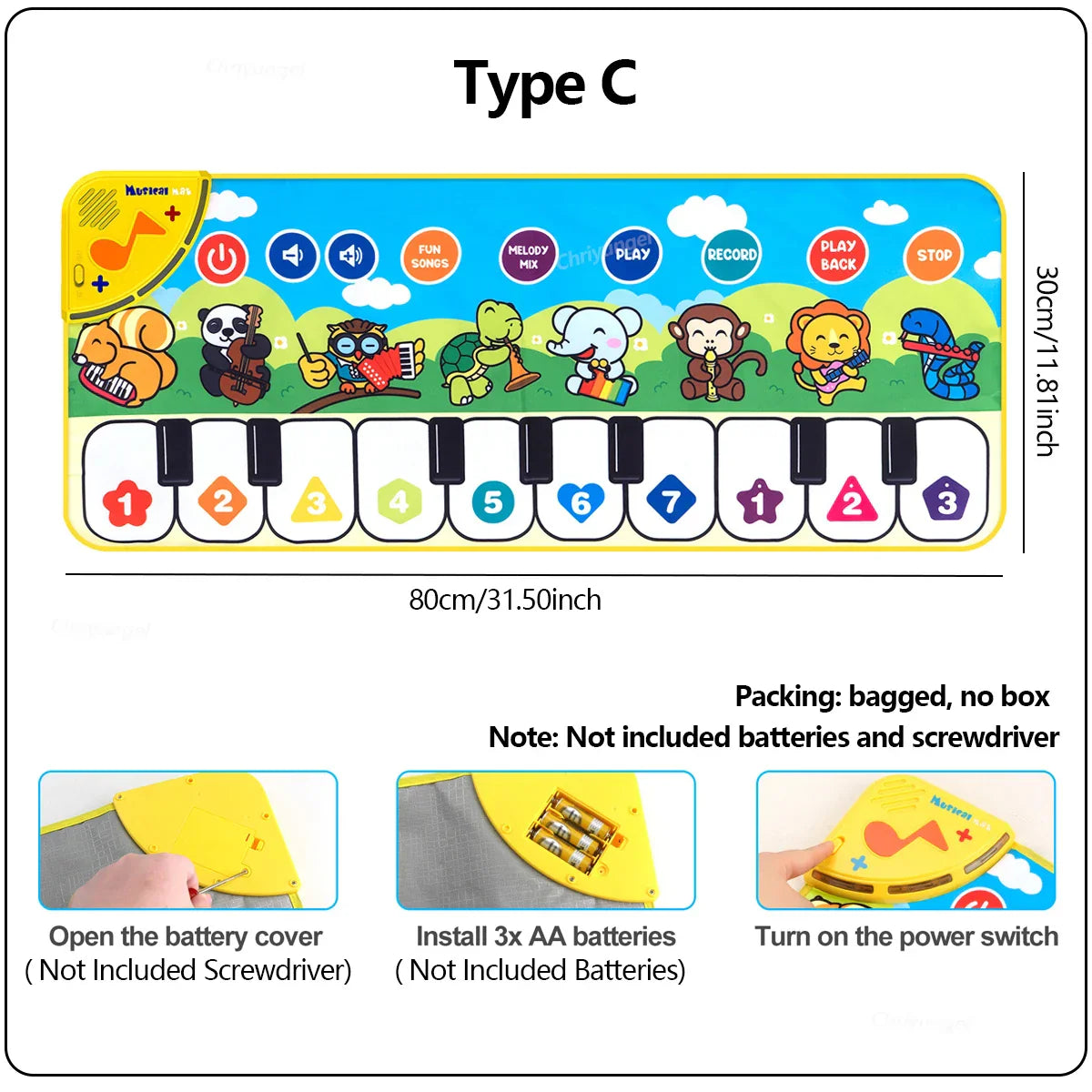 Brightly colored cartoon-themed piano mat with playful animal illustrations and colorful keys for baby fitness play