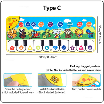 Brightly colored cartoon-themed piano mat with playful animal illustrations and colorful keys for baby fitness play