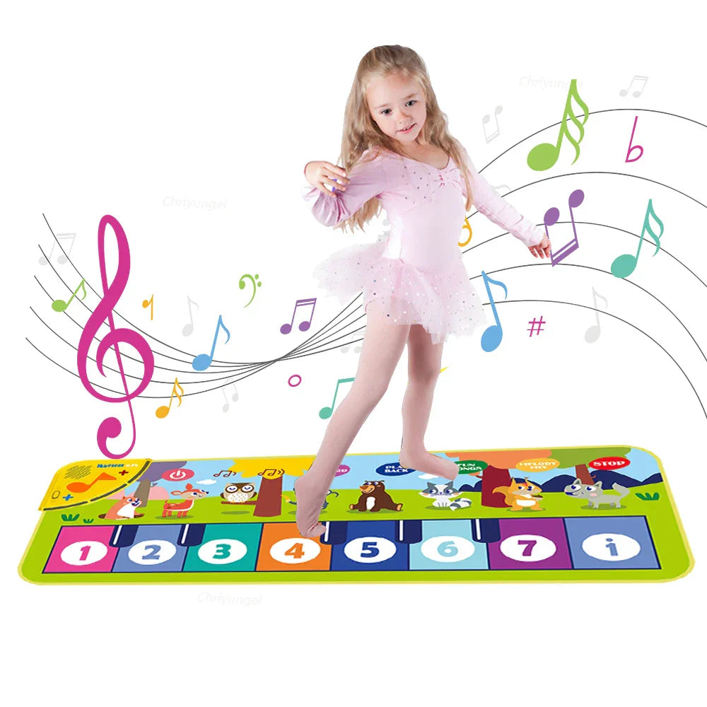 Colorful cartoon-themed piano mat with numbered keys and animal illustrations for baby fitness play and keyboard dance mat
