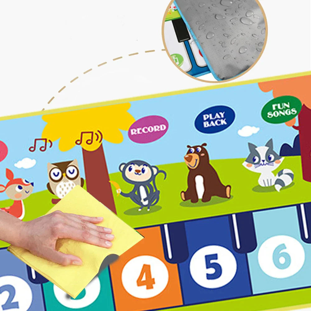 Colorful cartoon-themed piano mat with numbered keys and animal characters for baby fitness play and keyboard dance mat use