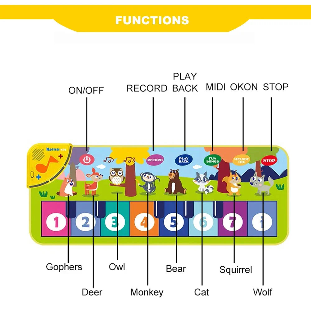 Colorful kids piano mat with cartoon animal keys and function buttons for baby fitness play and keyboard dance mat use