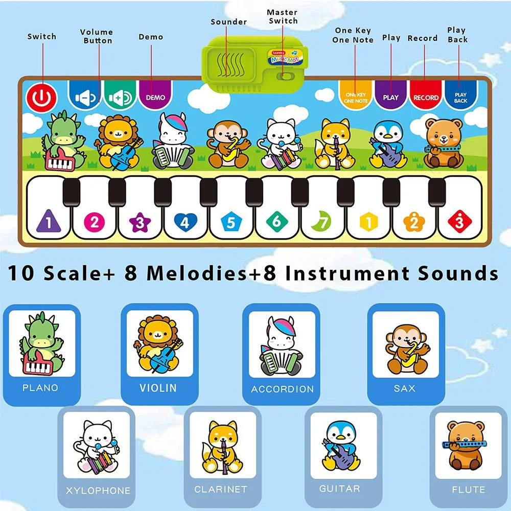 Colorful cartoon animal-themed piano music fitness mat with interactive buttons for early educational toy birthday gift