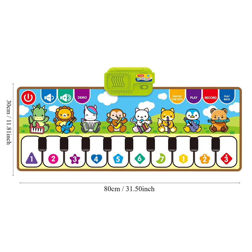 Brightly colored piano music fitness mat with plush animal keyboard and green control panel educational toy birthday gift