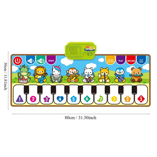 Brightly colored piano music fitness mat with plush animal keyboard and green control panel educational toy birthday gift