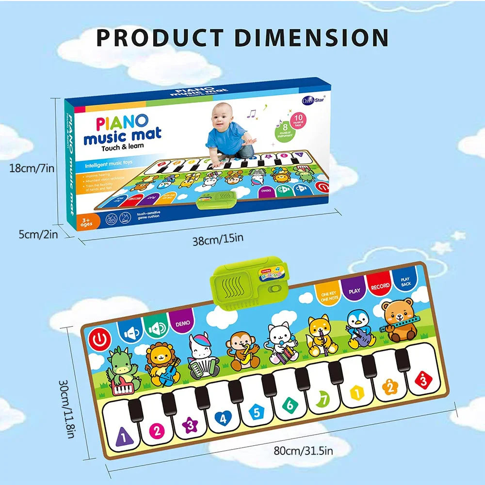 Colorful cartoon-themed piano music fitness mat with black and white keys, plush surface, and green speaker for educational toy birthday gift