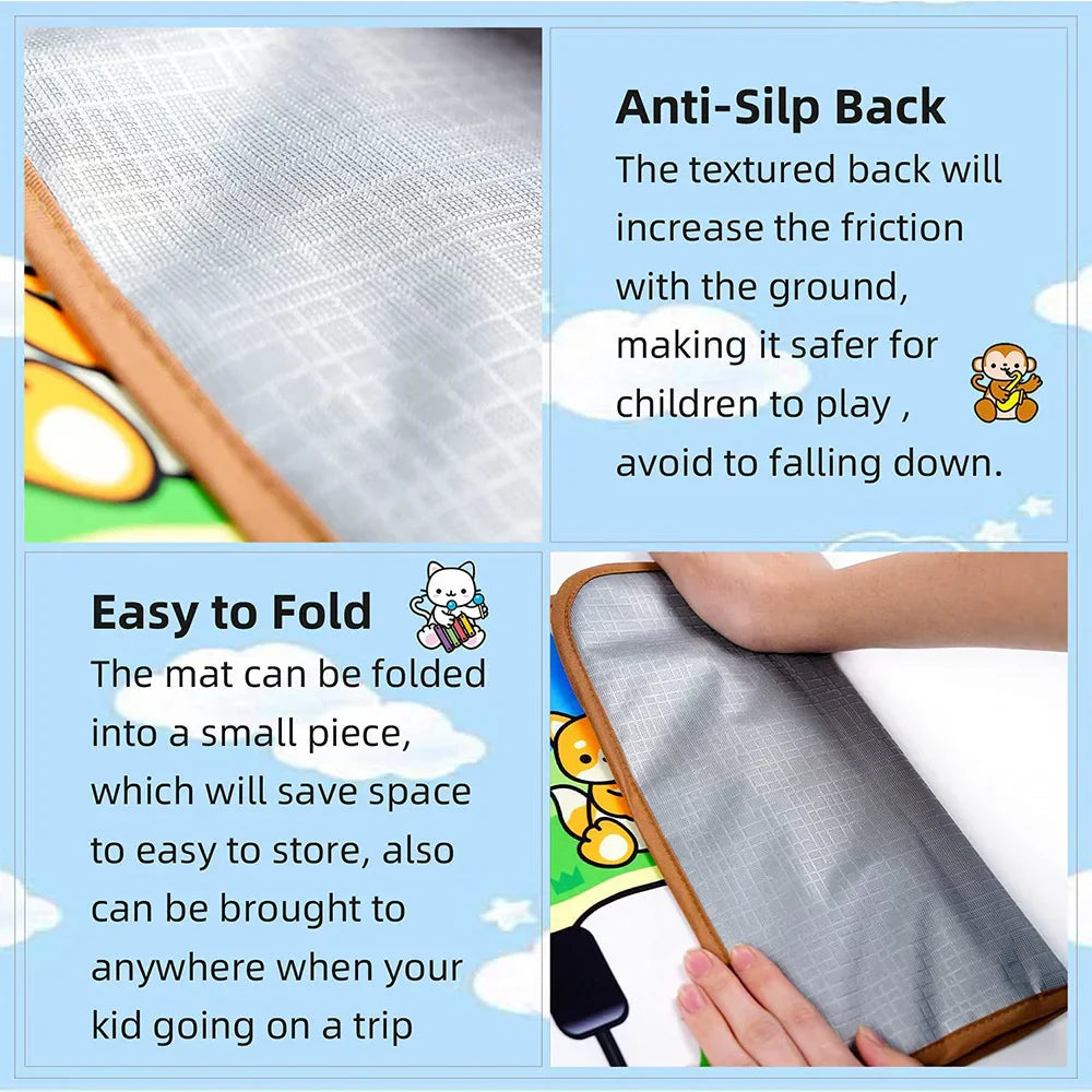 A gray textured piano music fitness mat with cartoon animal design and brown fabric edges for educational toy birthday gifts
