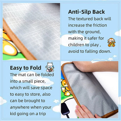 A gray textured piano music fitness mat with cartoon animal design and brown fabric edges for educational toy birthday gifts