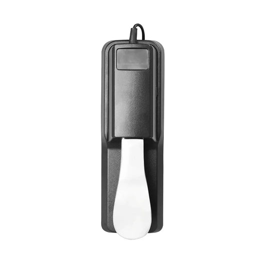 Black plastic sustain damper pedal with white teardrop-shaped footrest for universal keyboard pedal musical use