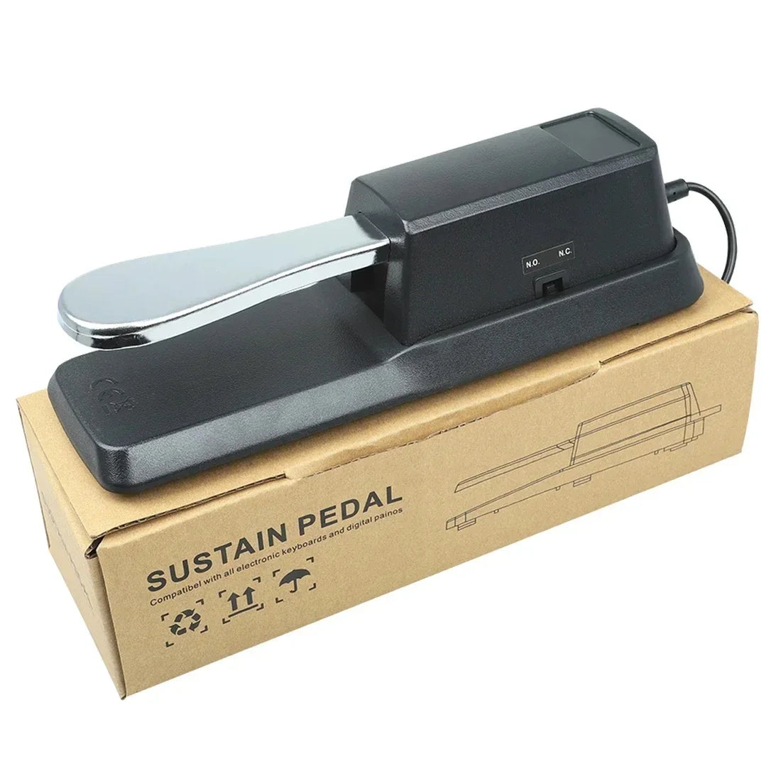 Black sustain damper pedal with shiny chrome footplate and power cord for universal Roland electronic keyboards