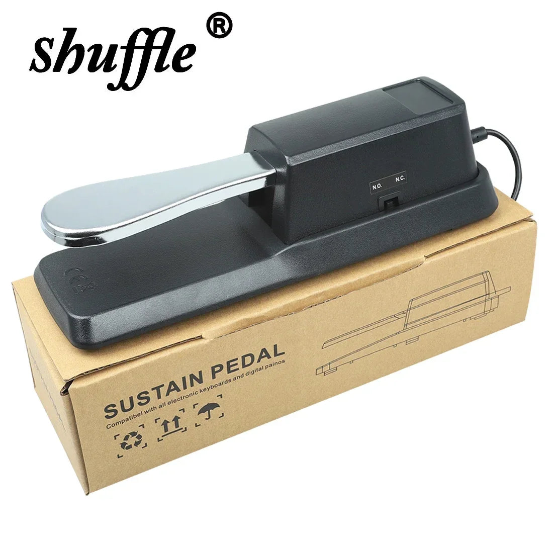 Black sustain damper pedal with chrome footplate and power cord for roland electronic piano and keyboard pedal musical use