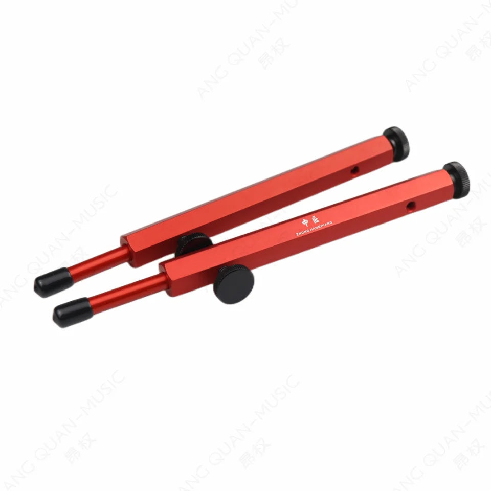 Red aluminum caliper with black rubberized ends and adjustment knobs for upright piano action repair parts