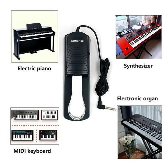 Black piano universal sustain damper pedal with textured grip and silver footplate for electronic drum keyboards and synthesizers
