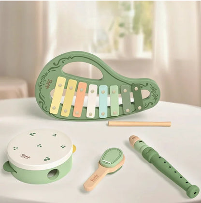 Pastel green wooden piano for boys with colorful keys and leaf patterns to play mechanical music from beat music store