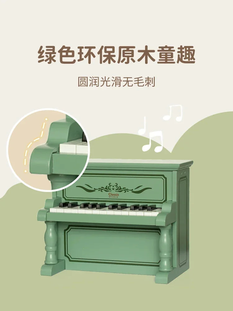 A mint green wooden piano with black and white keys for boys and girls to play mechanical music gift from Beat Music Store