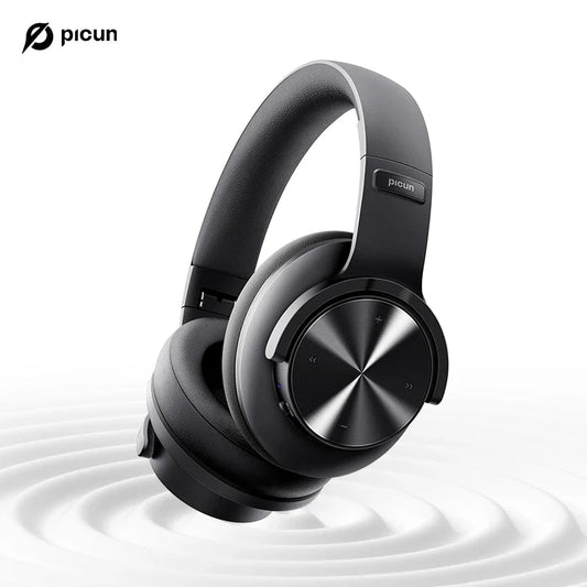 Black picun b8 bluetooth wireless headphones with metallic circular control panel and bluetooth headphones 120h playtime