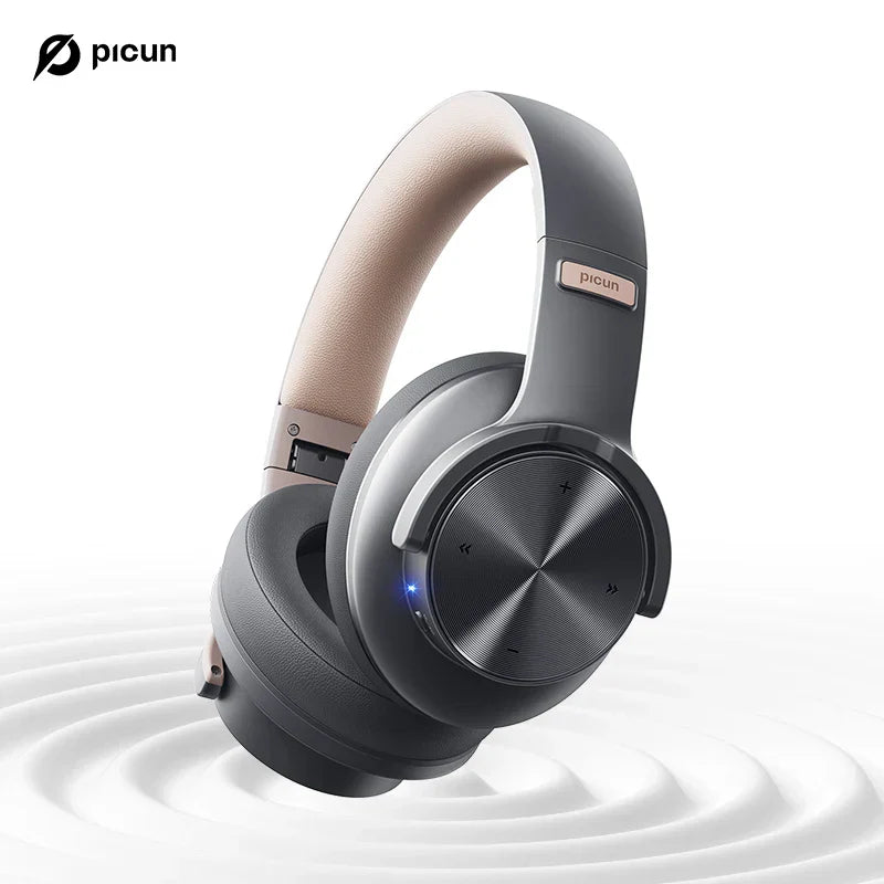 Picun b8 bluetooth wireless over-ear headphones in gray and beige with metallic accents and 120h playtime bluetooth headphones 120h wireless bluetooth 3eq headset