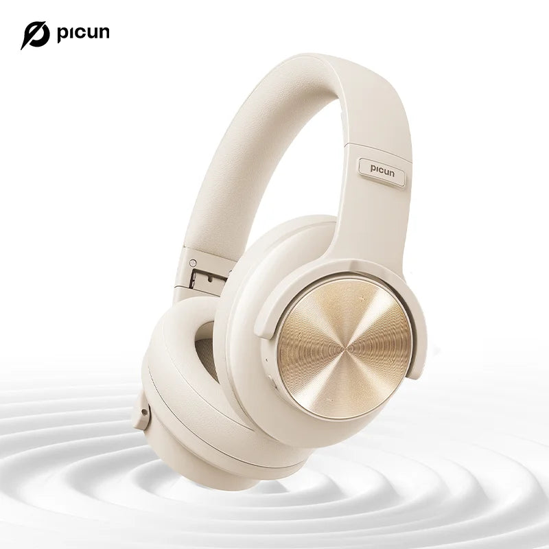 Cream-colored picun b8 bluetooth over-ear headphones with gold speaker grille and soft padded earcups for wireless use