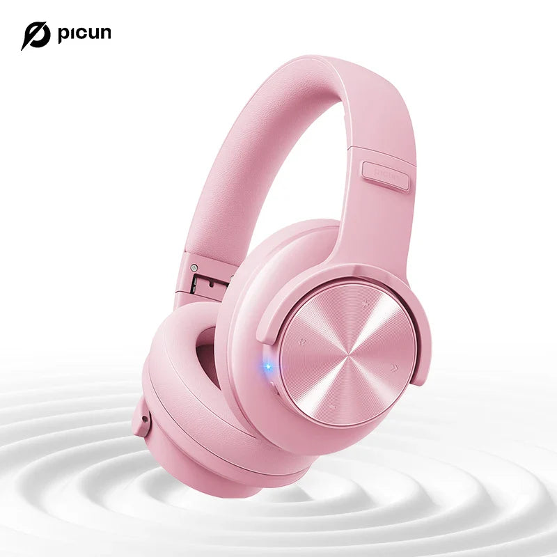 Pink picun b8 bluetooth wireless over-ear headphones with metallic rose gold control panel and bluetooth headphones 120h playtime