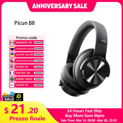 Black Picun B8 Bluetooth over-ear wireless headphones with matte finish and metallic control panel Bluetooth headphones 120h