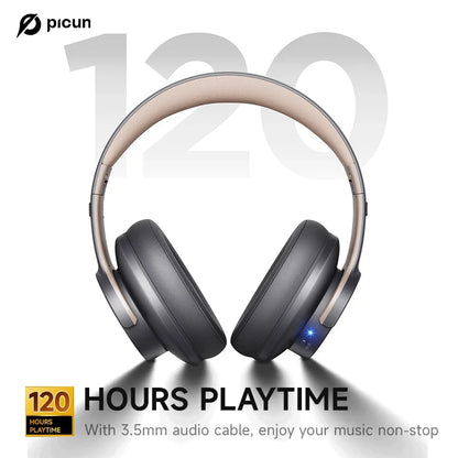 Black over-ear picun b8 bluetooth headphones with beige headband metallic accents wireless bluetooth 3eq mode and 120h playtime