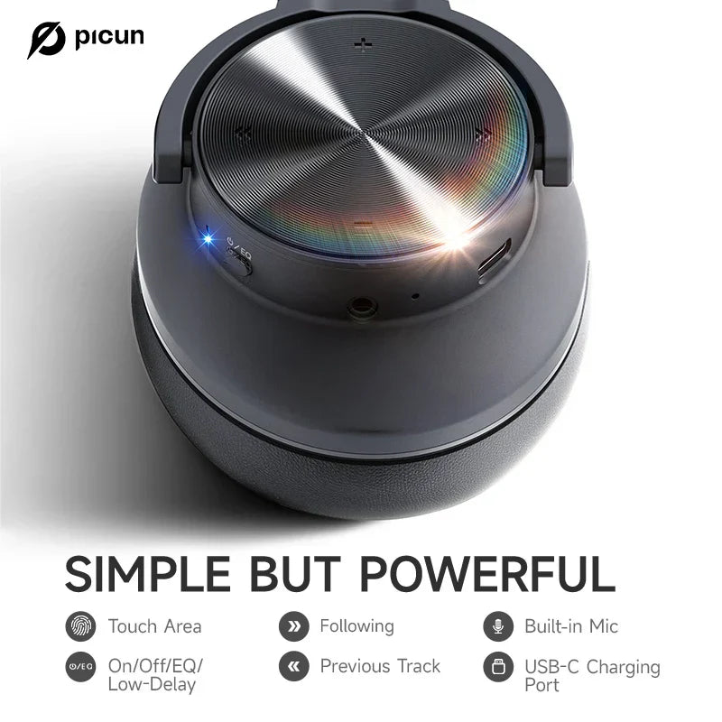 Black picun b8 bluetooth headphones with brushed metallic control panel and usb-c charging port wireless bluetooth 3eq